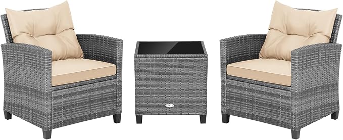 RELAX4LIFE 3 Piece Patio Furniture Set, Wicker Bistro Conversation Set w/2 Cushioned Armchairs & Glass Topped Table, Outdoor Rattan Sofa Set Patio Furniture for Porch Balcony Poolside (Grey-Beige)