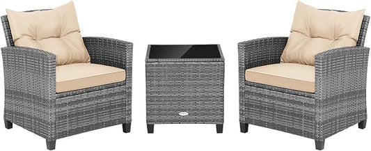 RELAX4LIFE 3 Piece Patio Furniture Set, Wicker Bistro Conversation Set w/2 Cushioned Armchairs & Glass Topped Table, Outdoor Rattan Sofa Set Patio Furniture for Porch Balcony Poolside (Grey-Beige)