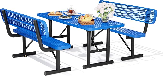 6FT Outdoor Metal Picnic Table with 2 Benches,Heavy Duty Rectangular Picnic Table Set for Outside, Waterproof Commercial Restaurant Table Furniture for Park, Campfield, Patio, Garden, Yard