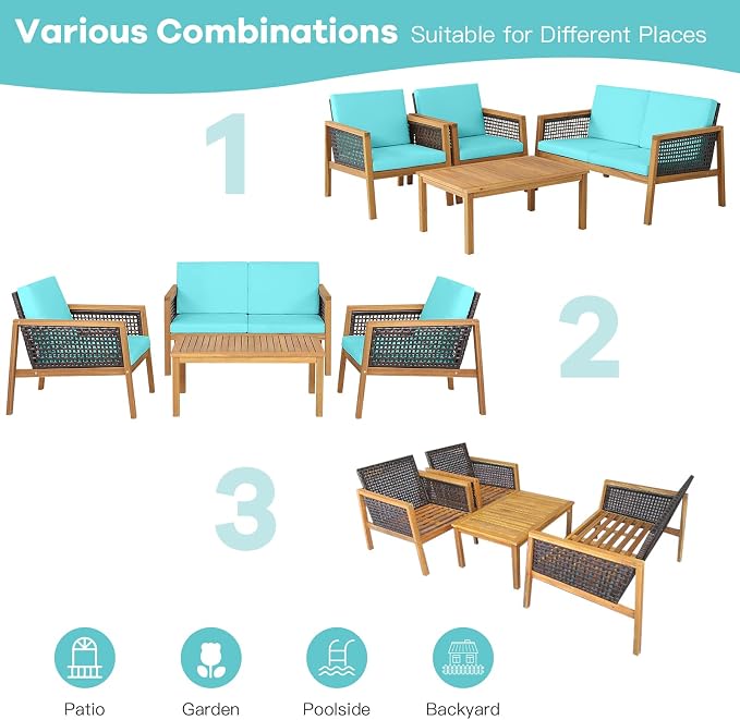 8 Pieces Outdoor Acacia Wood Furniture Set, Outdoor PE Wicker Conversation Set with Coffee Table and Soft Cushions, Outdoor Sofa Set for Garden, Poolside and Backyard