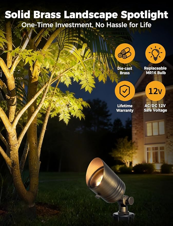 COLOER Brass Outdoor Spotlights,12V LED Low Voltage Landscape Lighting with 5W 2700K Aluminum MR16 Bulb, IP65 Waterproof Landscape Spot Lights for Yard,Garden,Tree, Small Size (6 Pack with Bulb)