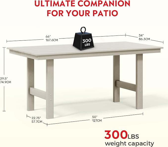 Costaelm Outdoor Patio Table, Outdoor Dining Table for 6, Weather Resistant Rectangle Patio Table with Umbrella Hole for Outside, Garden, Poolside, Porch, Sand