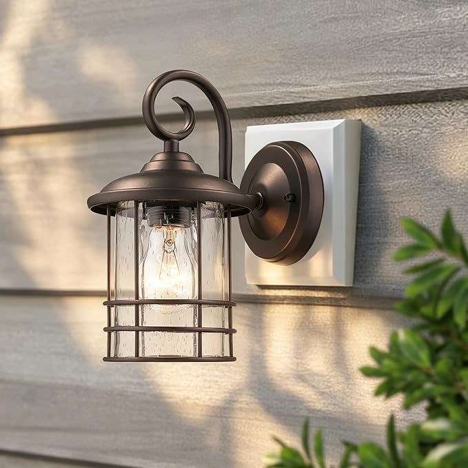 MICSIU Narrow 5.5" Wide Bronze Porch Light 1 Pack, H9.8 Vintage Farmhouse | Metal Round WaterProof Outdoor Wall Sconce, Seedy Glass Outside Fixture For Small Sidelight, Front Door, Garage