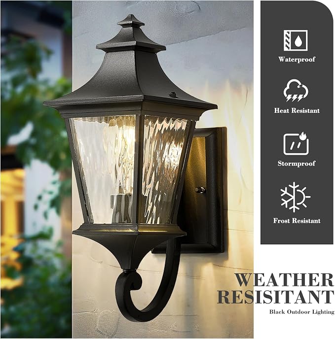 Emliviar 2 Pack Modern Outdoor Wall Sconces, 15" Exterior Lighting Fixtures with Water Ripple Glass for Porch, Black Finish, XE292UB-2PK-SW BK