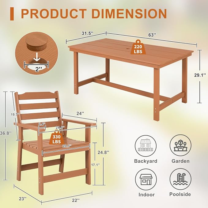 FUNBERRY Outdoor Dining Set, HDPE 7 Piece Dining Table Set with Chairs | 2" Umbrella Hole Table, Wood-Grain, HDPE All Weather, No Rot or Rust or Crack, UV Fade Shield, Easy-Clean for Outside