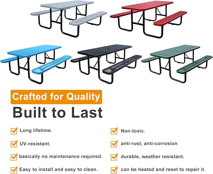 4ft Rectangular Picnic Table – Heavy-Duty Metal Mesh Outdoor Dining Table, Thermoplastic Coated Steel, Outdoor Living, Parks & Schools (Gray)