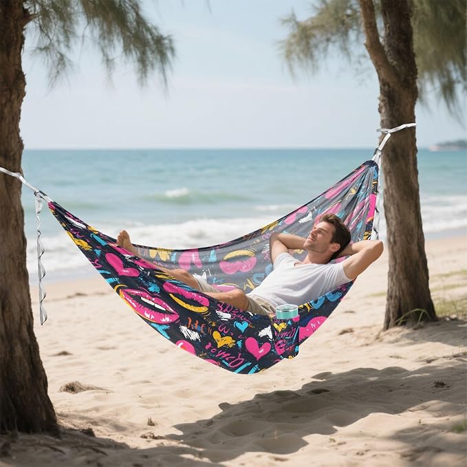Camping Hammock Outdoor Hammocks for Outside Mouth Heart Graffiti Grunge Beach Trees Portable Lightweight with Pockets Tree Straps Indoor