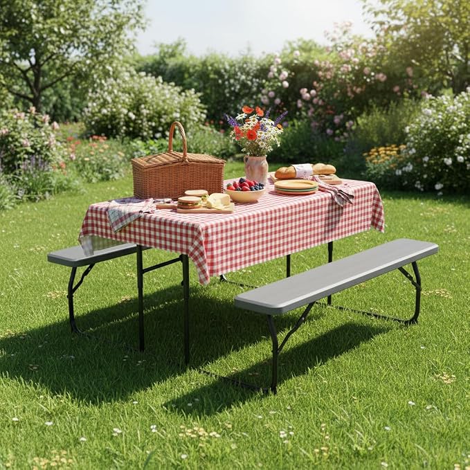 Giantex 4.5 FT Folding Picnic Table Bench Set- Outdoor Dining Set for 4-6 Persons w/All-Weather HDPE Tabletop, Metal Leg, Large Outside Dining Table for Lawn Patio Garden Yard Poolside, Grey