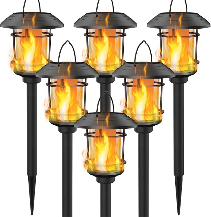 Dynaming 6 Pack Solar Flame Torch Lights Outdoor, Halloween Dual Use Flickering Flame Garden Light, Christmas Hanging Lanterns, Auto On/Off & Waterproof Lighting for Lawn Patio Yard Walkway Driveway
