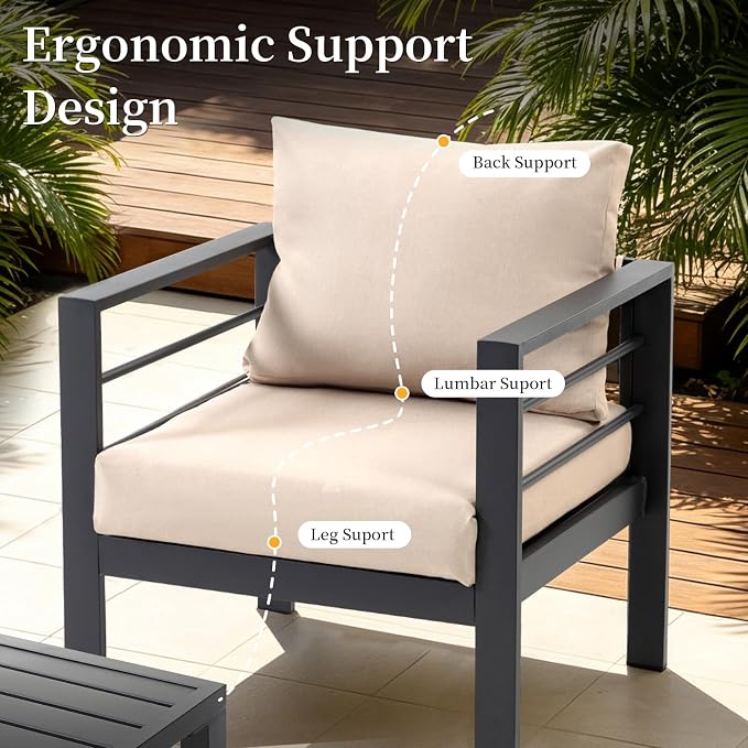 4-Piece Patio Furniture Set – All-Metal Outdoor Sectional Couch with Horizontal Slat Armrests, 4" Cushions & Coffee Table, Modern Patio Conversation Set for Porch, Balcony, or Deck (Beige)