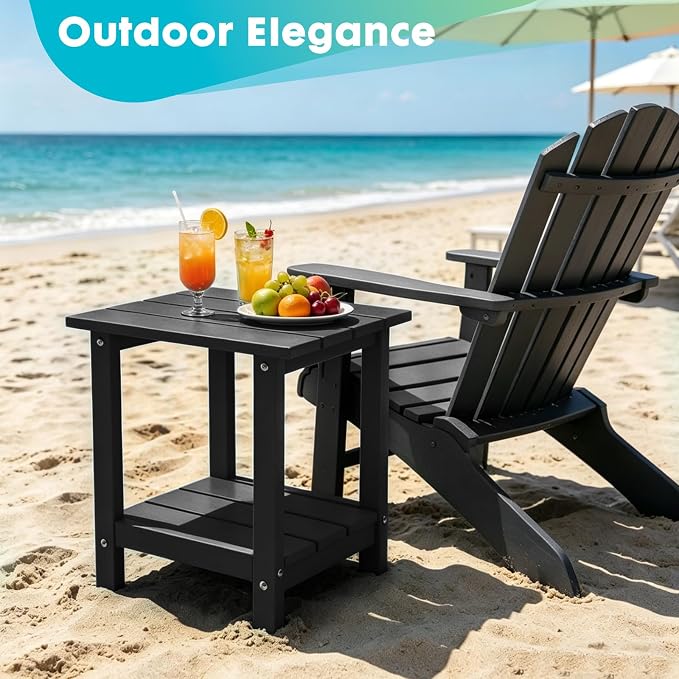 Outdoor 2-Tier Square Side Table, Adirondack Weather Resistant Patio End Table, Low Maintenance HDPE Accent Table for Backyard, Pool, Porch, Deck, Black