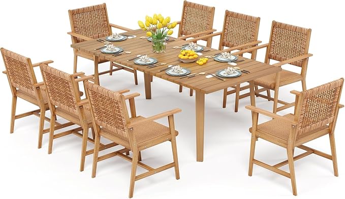 PHI VILLA Outdoor Dining Set, Acacia Wood Construction Teak 9 Piece | Wicker Chairs, Weather-Resistant