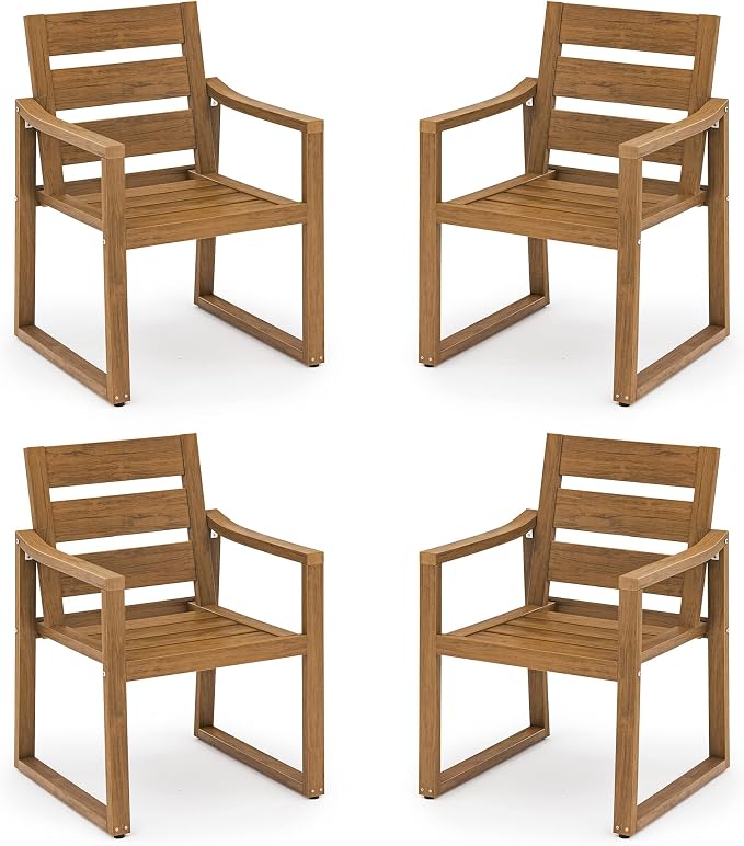 Cozyman HDPS Outdoor Dining Chairs Set of 4, 350LBS, Patio Dining Chairs with Armrest, All Weather Outdoor Kitchen Chairs with Square Frame Legs for Outdoor Indoor, Backyard, Teak Color-Oil Printed