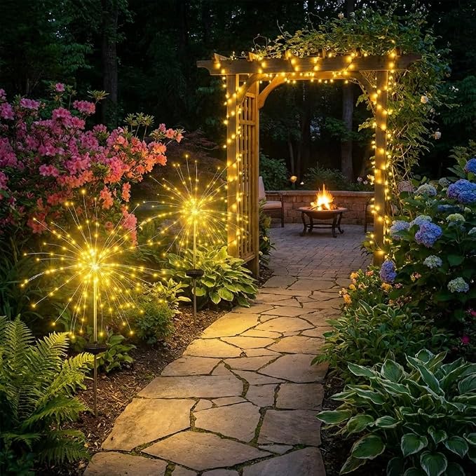 Solar Firework Lights Outdoor, Adjustable 32" to 51" Extra Tall, 200 LED Stainless Steel 3-Section Pole, 8 Modes Waterproof Starburst Garden Lights for Yard Pathway Walkway Decor(Warm White 2 Pack)
