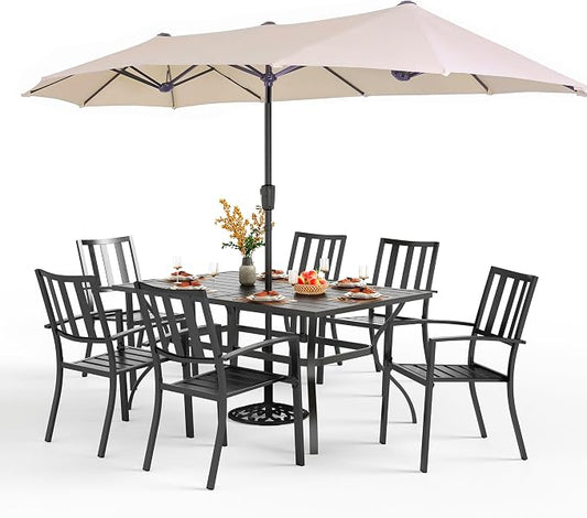 PHI VILLA 7 Pcs Patio Dining Set w/Umbrella, 6 Stackable Chairs | 60” Rectangular Metal Dining Table & 6 Stackable Metal Chairs & 13ft Large Beige Umbrella for Outdoor, Deck, Yard, Porch