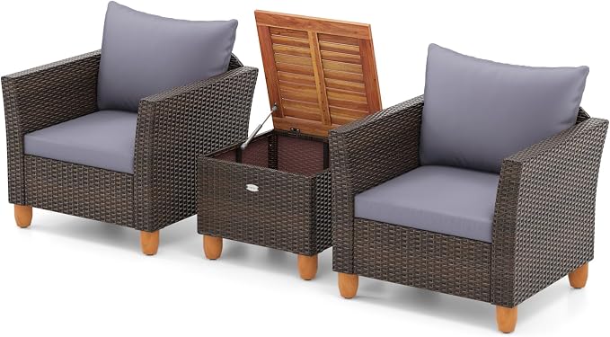 Tangkula 3-Piece Patio Furniture Set, Patiojoy Outdoor PE Wicker Bistro Set with Soft Cushions and Solid Acacia Wood, Outdoor Conversation Set with Porch, Balcony and Garden (Gray)