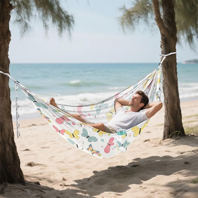 Camping Hammock Outdoor Hammocks for Outside Butterflies White Beach Trees Portable Lightweight with Pockets Tree Straps Indoor Small