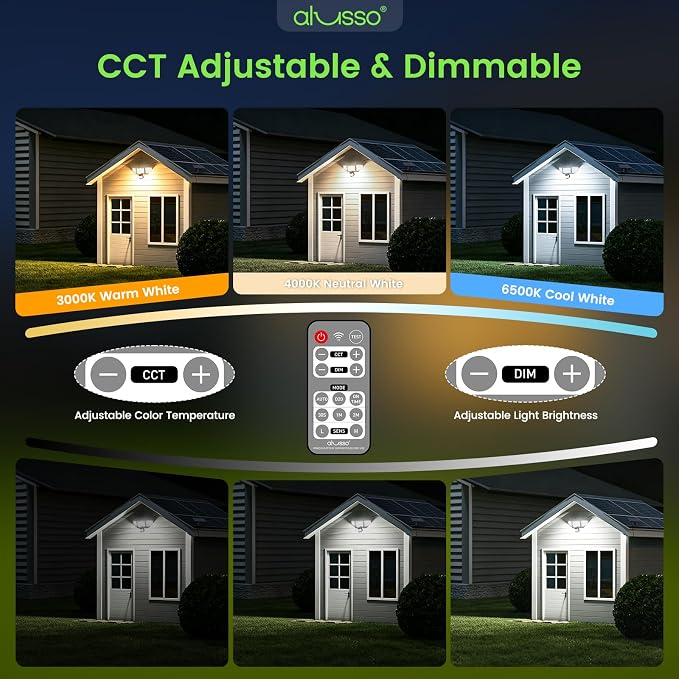 ALUSSO Solar Lights Outdoor Motion Sensor, 400LM LED Security Lights w/Remote, Dusk to Dawn/Auto/On Time Modes, CCT Adjustable 3000K-6500K, Dimmable IP54 Flood Wall Light for Garden Yard(1 Pack)