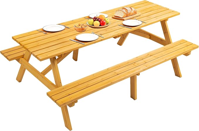75 inch Wooden Picnic Table,Outdoor Wooden Dining Rectangle Table w/Umbrella Hole,Picnic Table Bench Set for 6 or 8 Person，2200lbs Capacity Natural for Camping, Garden & BBQ,Yellow