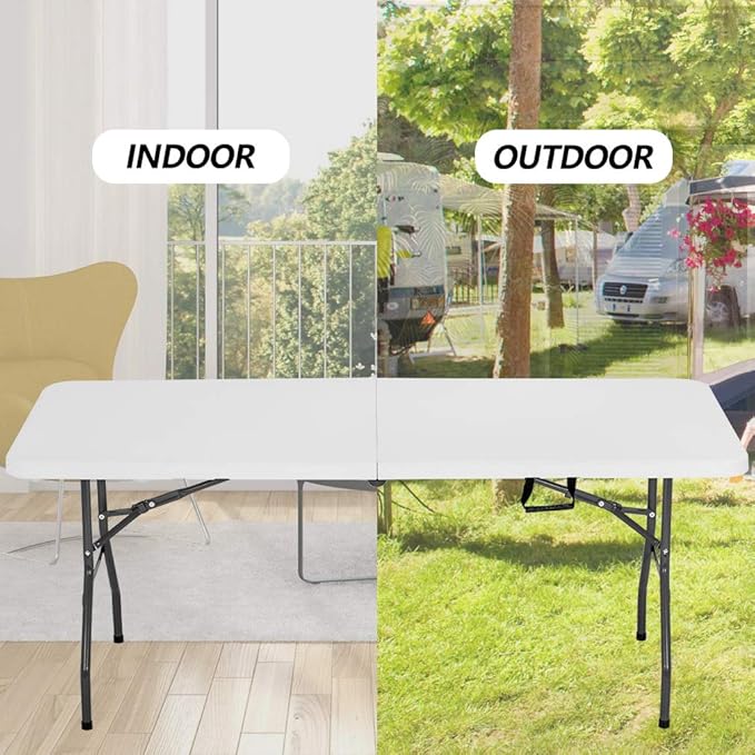 6FT Folding Table, Fold-in-Half Portable Plastic Table with Handle, Heavy Duty HDPE, 500 lbs Capacity, Waterproof & Scratch-Resistant, Locking Legs, Anti-Slip Feet for Indoor Outdoor Party Picnic