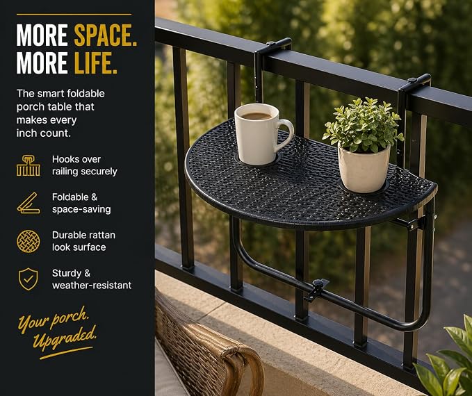Gardenised, Indoor and Outdoor Rattan Decorative Foldable Balcony Hanging Table, Railing Bar Serving Table, Adjustable Hight 3-Level, Balcony and Garden Deck, Rust Proof (Black)