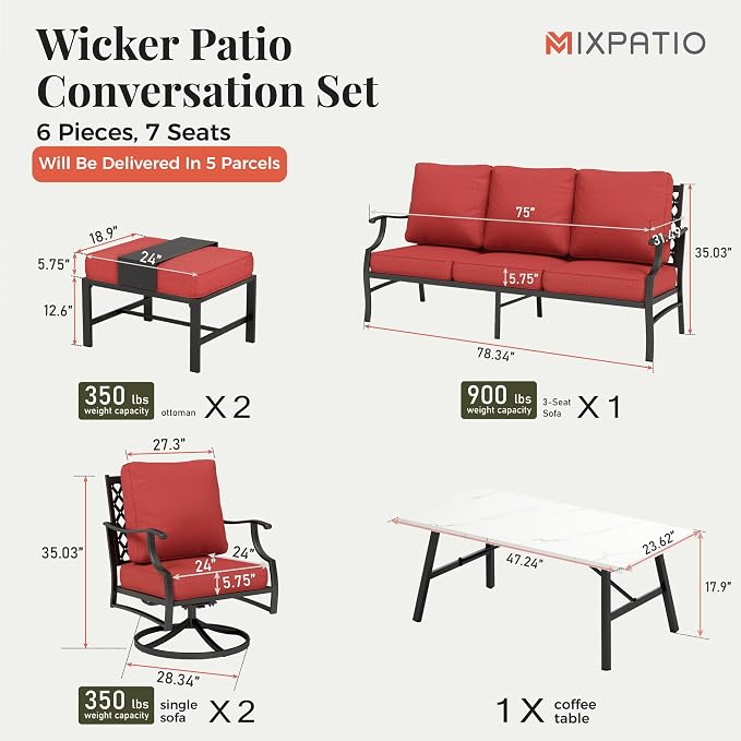 MIXPATIO Patio Furniture Set 6 pcs, Outdoor Patio Furniture, 3-Seat Sofa, 2 Swivel Chairs, 2 Ottomans, Coffee Table and 5.75" Extra Thick Cushion, Conversation Set for Backyard Deck, Red