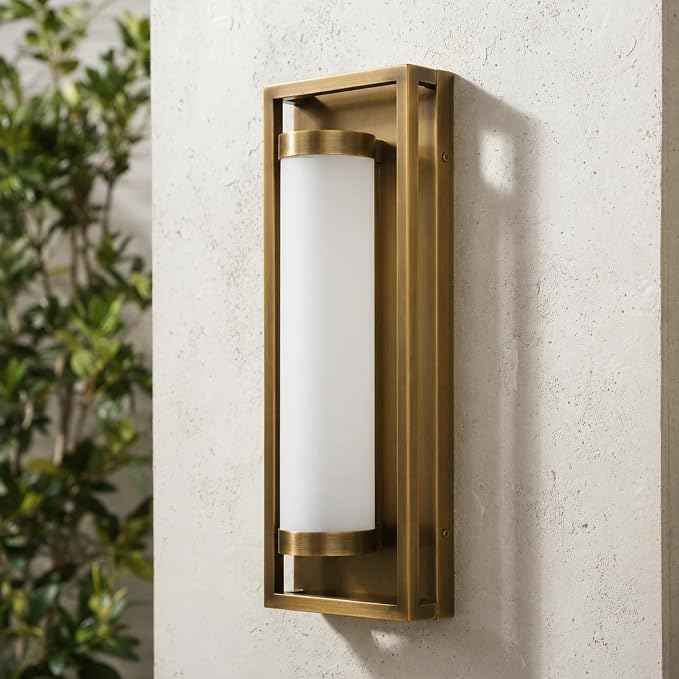 Hyunbae Mid Century Modern Outdoor Wall Sconce, Brushed Antique Brass | 15W Integrated Dimmable LED, 3000K Warm White, For House Patio Porch Garage Entryway Doorway, 16" Exterior Light