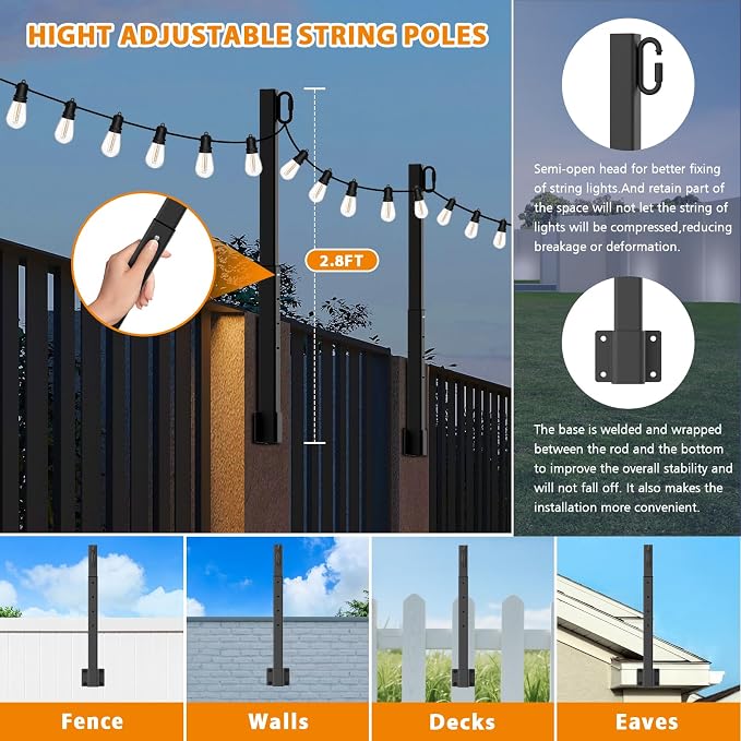 Mutovlin 10 Pack String Light Poles,2.8 Ft Light Poles for Outside String Lights,Outdoor Lights Pole with Fork,Metal Poles Stand for Patio Deck Backyard