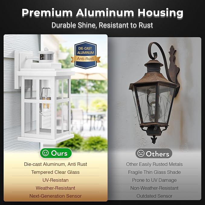 Large White Outdoor Wall Lights, Motion Sensor Porch Light Outdoor, Dusk to Dawn Outdoor Light Fixtures, Waterproof Outside Lights for House, Garden, Front Porch, Tempered Glass, Anti-Rust