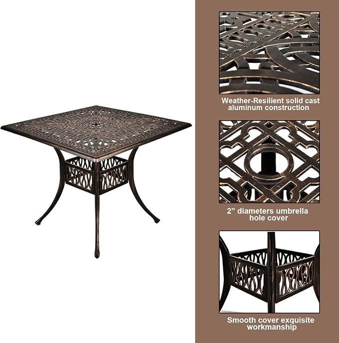 TITIMO 5-Piece Outdoor Patio Dining Set, Cast Aluminum Patio Furniture Set | 4 Pattern Chairs with Red Cushions and 35.4" Square Table, Cast Aluminum Conversation Set for Yard, Garden, Porch, Poolside