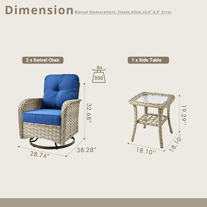 Swivel Patio Chairs Set of 2, Outdoor Wicker Rocker Glider Chair with Coffee Table, Modern Comfy Patio Furniture Sets for Porch Balcony Sunroom, Navy Blue