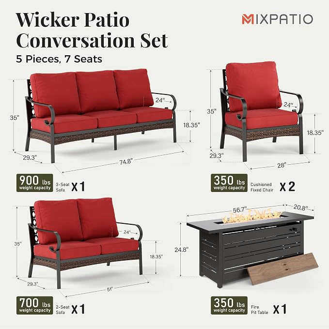 MIXPATIO Patio Furniture Set with Fire Pit Table, Metal Outdoor Conversation Set with 5.75'' Extra Thick Cushion, Loveseat Sofa, 2 Leg Chairs, 3-Seat Sofa and Gas Fire Pit Table, Red
