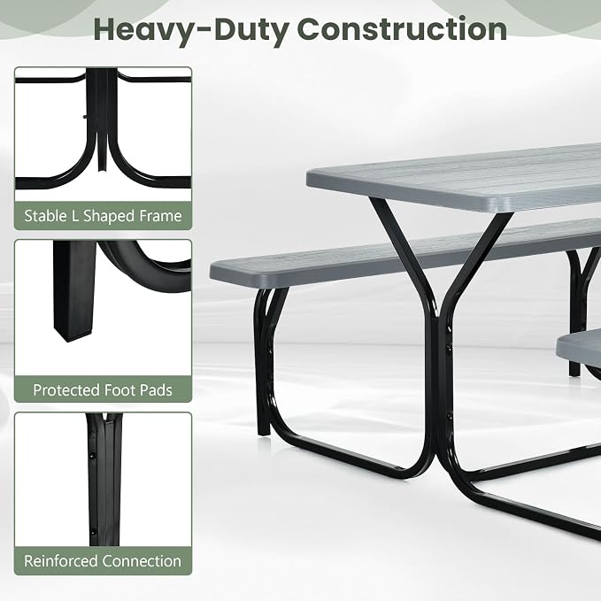 Picnic Table, Camping Portable Picnic Table Bench Set for 4 Persons, Heavy-Duty Steel Frame & Resin Tabletop, All Weather Outdoor Picnic Tables for Patio Travel BBQ Party Garden (Grey)