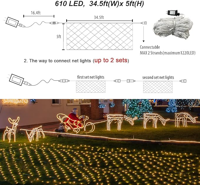 Warm White Net Lights, 34.5X 5ft Christmas Lights Outdoor Clear Wire | 610 LED Large Net Mesh Lights Plug in, 8 Modes Waterproof Connectable Bushes Lights for Christmas Hedge Yard Decor