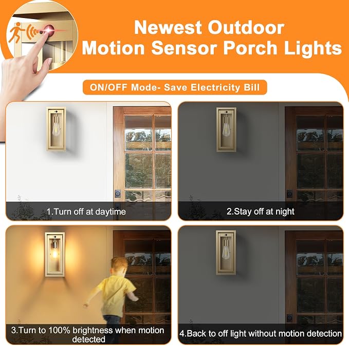 15" Motion Sensor Gold Outdoor Light Fixture Wall Mount, 3 Lighting Modes Waterproof Anti-Rust Wall Sconces, 2 Pack Exterior Lighting Fixtures for Front Door, Porch, Garage