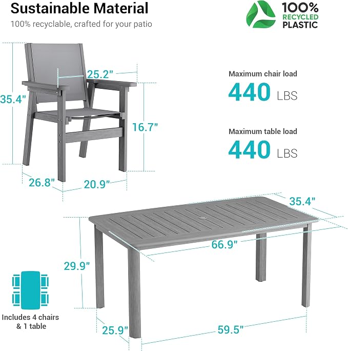 5-Piece HDPE Outdoor Dining Set for 4, Outdoor Table and Chairs | Weather Resistant Patio Table and Textilene Chairs set, Square Table with Umbrella Hole for Garden, Backyard and Lawn, Grey