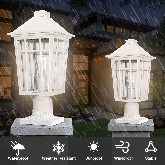 Darkaway Large Outdoor Post Lights Lamp Post Light Fixture, 17inch Waterproof Aluminum Post Lamp with Glass, Fence Deck Lighting for Garden, Patio, Pathway (Large，White)