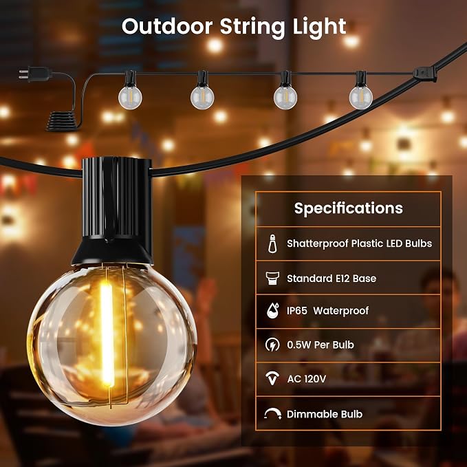 OHLUX Outdoor String Lights, 27FT LED Patio Lights with 13 Dimmable Plastic G40 Globe Bulbs(1 Spare), 2200K Waterproof Connectable Hanging Lights for Backyard Porch Cafe Party Decor E12 Socket Base