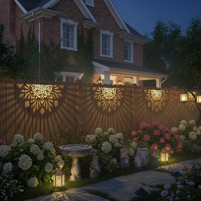 4 Pack Solar Fence Lights Outdoor Wall Lights Plastic Solar Powered Deck Step Stair Lights Mandala Theme Waterproof Fence Solar Light for Garden Post Patio Yard Decor, Gardening Gifts for Women Mom