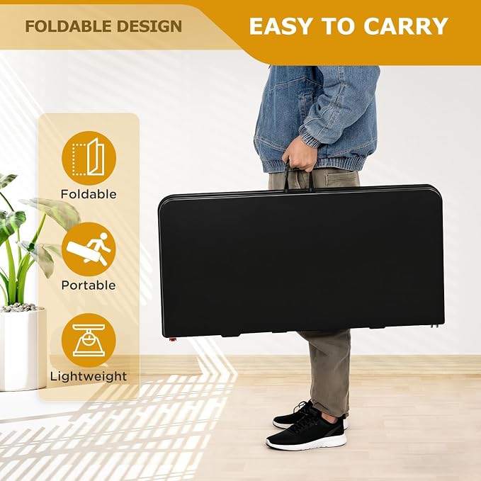 34" Folding Card Table, Heavy Duty Plastic Square Table - Portable Fold-in-Half w/Handle & Lock for Camping, BBQ, Party, Events, Black