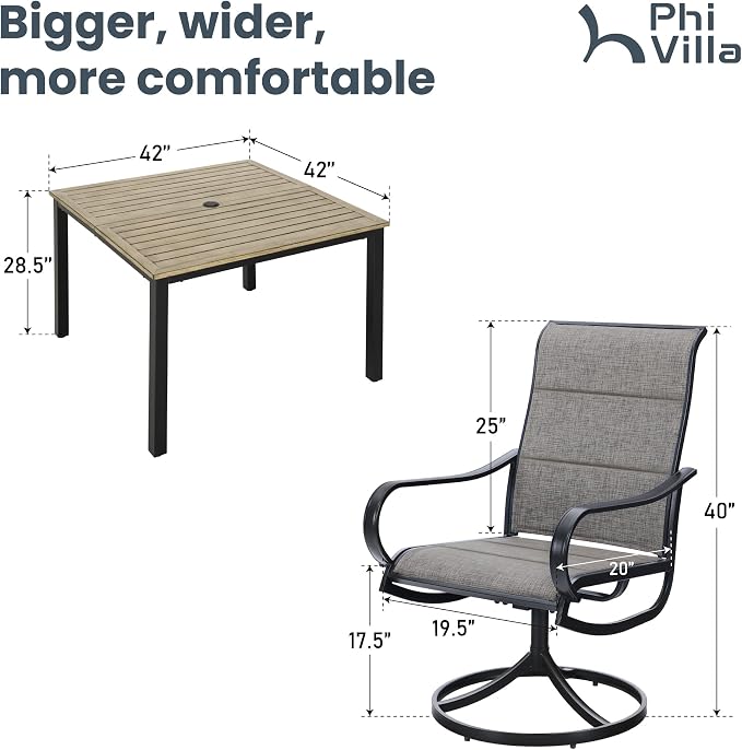 PHI VILLA 5 PCS Patio Dining Set, 4 Padded Swivel Dining Chairs & Square Brown Metal Slat Table Top with 1.57" Umbrella Hole, Outdoor Table and Chairs for All Weather