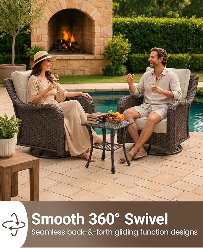 9 Pieces Outdoor Furniture Set with 6-inch Cushions, High Back Wicker Swivel Rocker Chairs with Coffee Table, Luxury Conversation Set for Deck Patio and Poolside