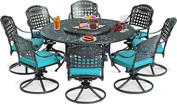 9-Piece Patio Cast Aluminum Dining Set, Outdoor Dining Furniture Set for 8 Person, Includes 8 Swivel Dining Chairs and 61" Round Dining Table w/ 31" Lazy Susan, Umbrella Hole, Ocean Blue