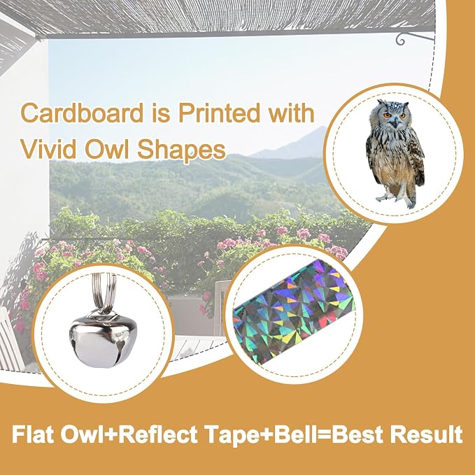 Fake Owl to Scare Pigeons Woodpecker, 2Pcs Flat Garden Owls to Keep Pigeons Squirrels Away from Outdoor, Plastic Owl to Scare Woodpecker from House, Hanging Owls with Reflective Tape for Roof Patio