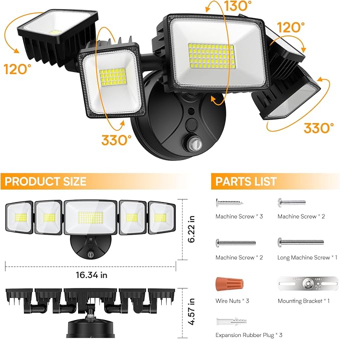 Onforu 120W Dusk to Dawn Flood Light Outdoor, IP66 Waterproof, 5 Head,Black | 12000lm 6500k Super Bright, Hardwired, Automatic Dusk to Dawn Outdoor Lighting for Home Garage,Yard, Driveways