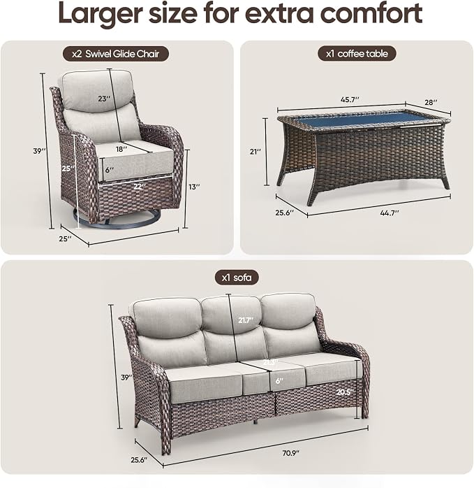 Swivel Patio Chairs sofa Set of 4 with 6" Thick Cushion - Wicker Outdoor Swivel Rocker Patio Chair ,Sofa/Glass coffee table, High Back Comfortable Outdoor Glider Chairs - Brown Wicker | Beige Cushions