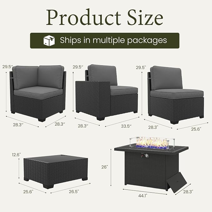 LayinSun 13 Pieces Outdoor Patio Furniture Set with 44" Fire Pit Table Rattan Sectional Sofa Conversation Sets