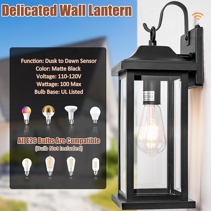 oravilila Dusk to Dawn Large Outdoor Wall Light 17 Inch | 1 Pack ETL Listed, Photocell Sensor Exterior Light Fixture Front Porch, Matte Black Outside Wall Sconce Lantern
