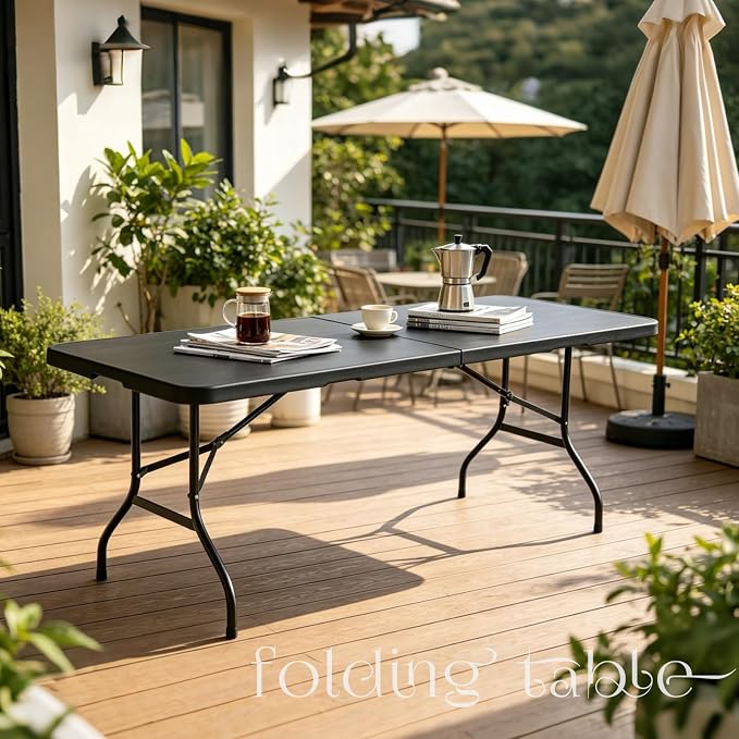 Portable Plastic Folding Table 4ft/6ft/8ft Heavy Duty White Black Picnic Dining Table Fold-in-Half for Camp Party Kitchen Indoor Outdoor