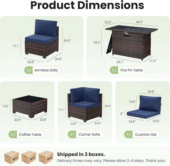 Soohow 8 Piece Patio Furniture Set with 44" Fire Pit Table, Outdoor Sectional Wicker Rattan Conversation Set for Garden, Porch, Backyard - Navy Blue Cushions